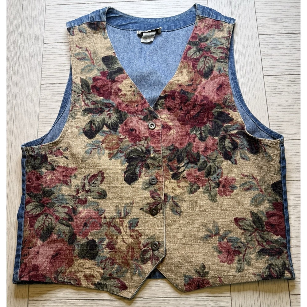 VTG Stampede Women Sz L Tapestry Floral 100% Cotton Denim Vest Cottage Boho
